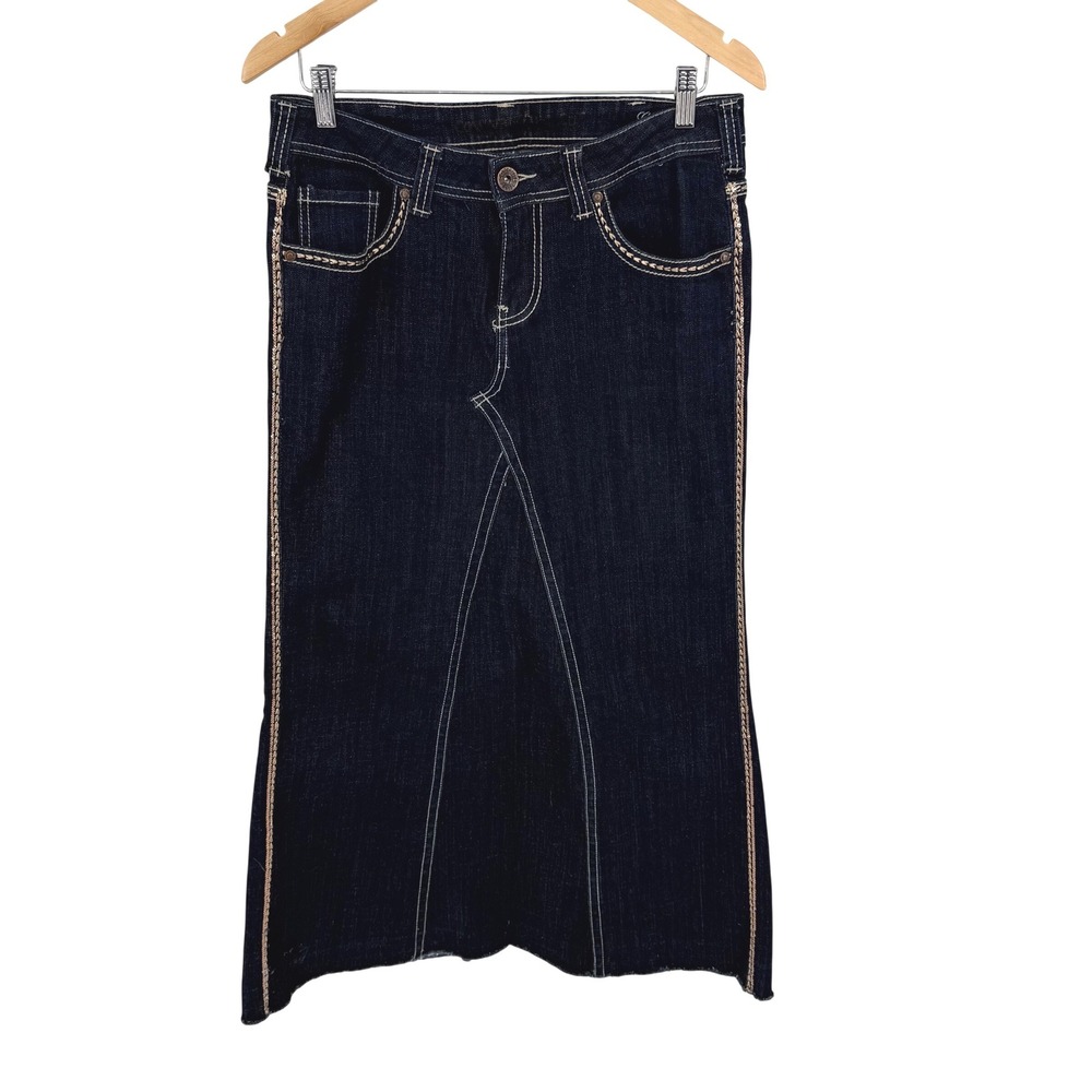 Cowgirl Tuff Co Homemade Dark Wash Denim‎ Maxi Skirt 30 Golden Stitch Detail